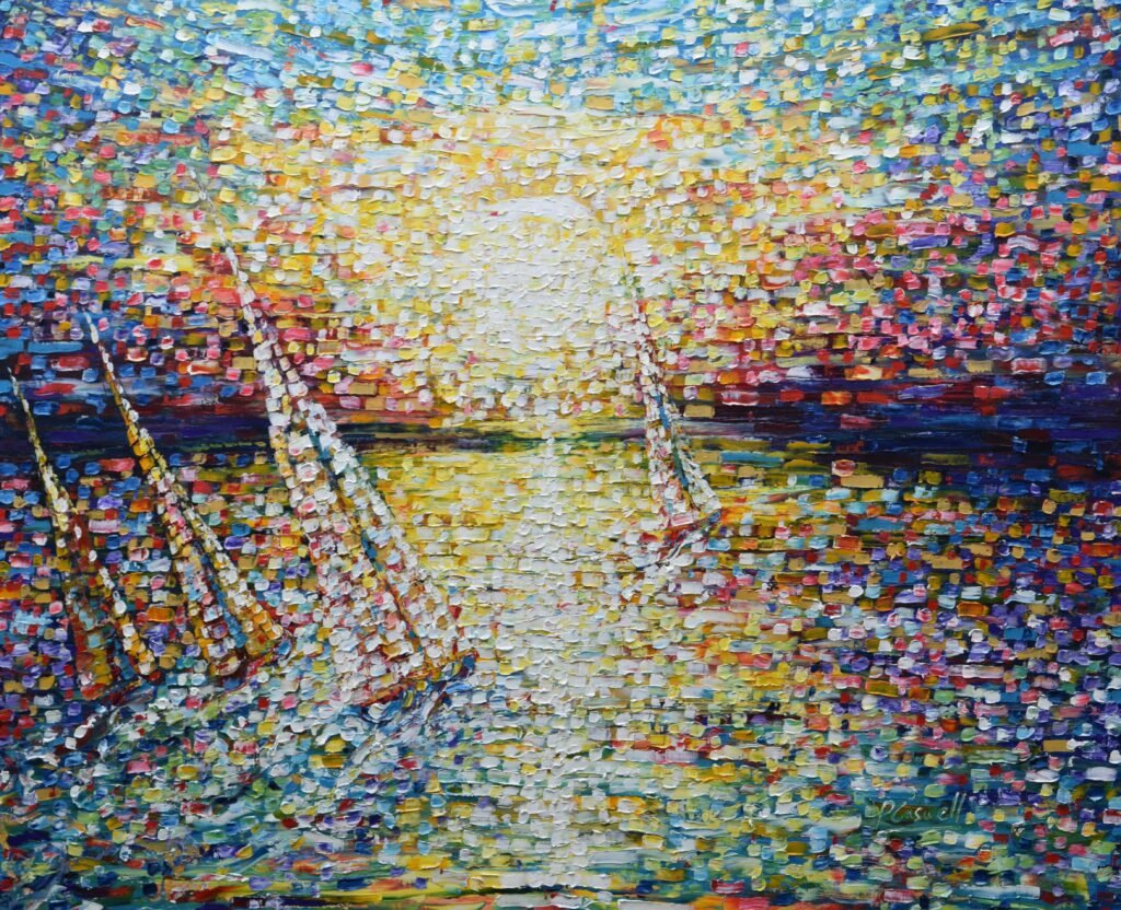 Impressionist sunset painting of Yachts