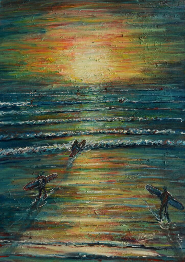 Surfing at sunset painting