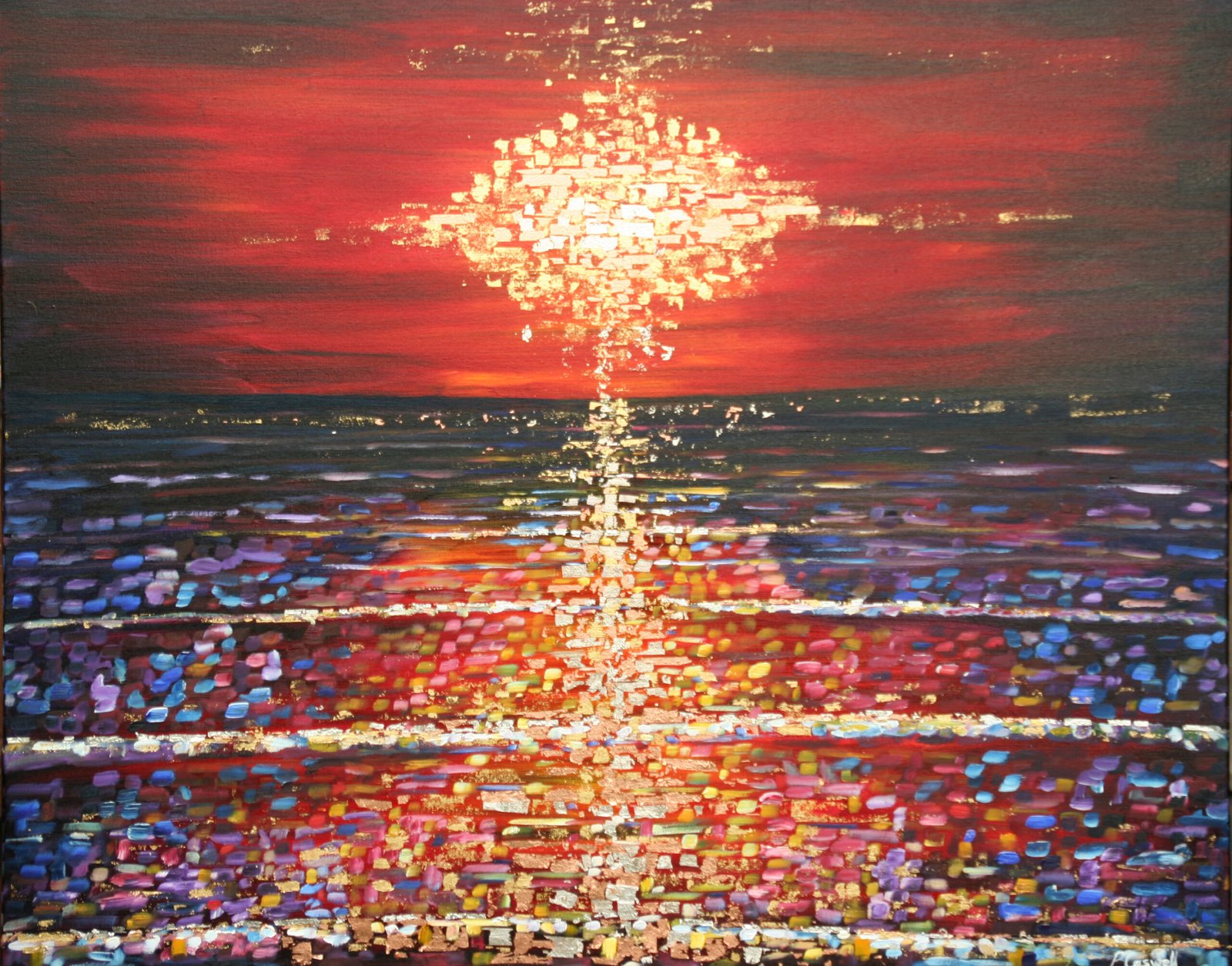 Sunset Painting in deep reds and blues with some gold leaf